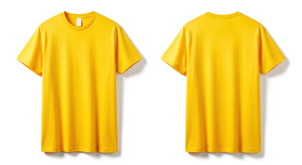 Blank yellow kids t shirt mockup front and back view. Isolated on white background. Studio shot of plain light blue shirt. Casual attire. Empty template for apparel design. Short sleeves.
