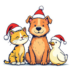 Vsai pets wearing santa hats celebrating christmas together