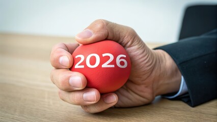 Goal setting 2026 concept. Hand holding a red ball marked '2026' on a wooden surface.