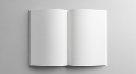 Open blank magazine pages, template mockup for graphic design. Clean white spread, minimalist layout for advertisement, book and album presentation. Tabletop workspace concept with soft wave texture.