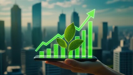 A hand holding a smartphone with a green graph and leaves, symbolizing environmental growth. - Powered by Adobe