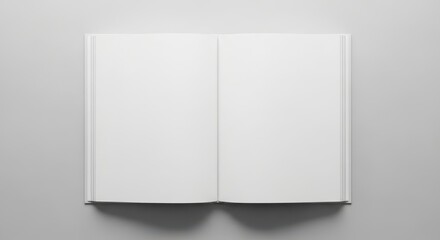 Open blank magazine pages, template mockup for graphic design. Clean white spread, minimalist layout for advertisement, book, album presentation. Tabletop workspace concept