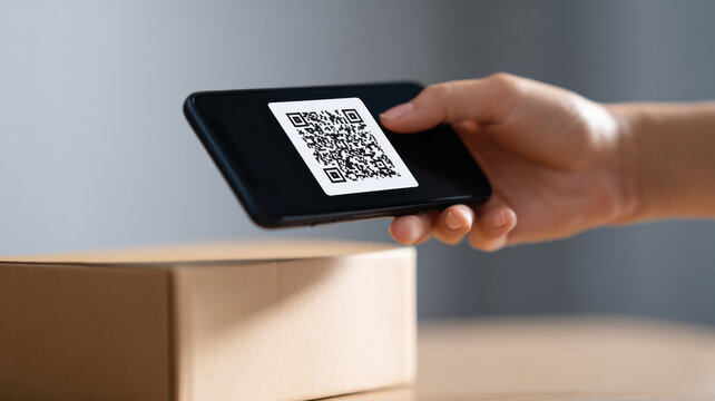 A person scanning a QR code with their smartphone over a cardboard box