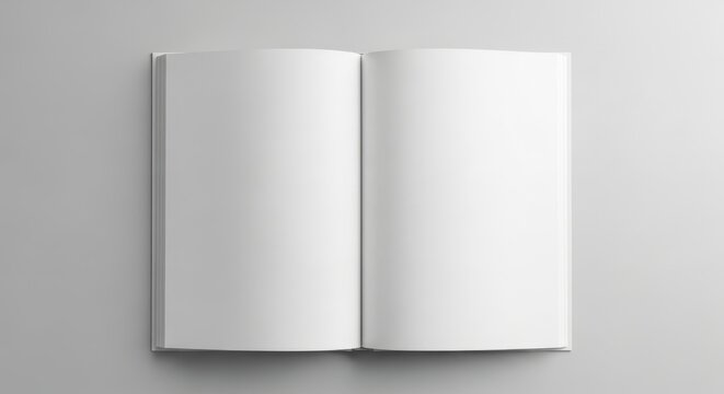 Open blank magazine pages, template mockup for graphic design. Clean white spread, minimalist layout for advertisement, book and album presentation. Tabletop workspace concept with soft wave texture.