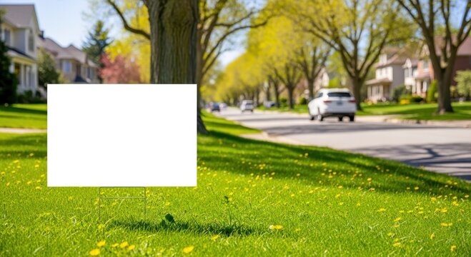 Blank yard sign stands in grassy area near city street on sunny day. Blank white sign ready for message advertisement. Green grass surrounds sign. Residential houses and cars in blurred background.