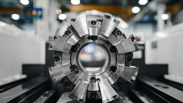 Macro shot of a lathe chuck clamping a workpiece, visible threading and jaw teeth, reflective polished metal, soft industrial lights highlighting precision engineering
