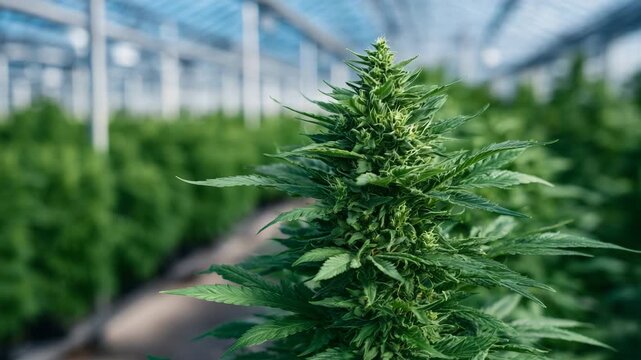 Macro photography of cannabis buds and leaves, intricate textures and fine hairs visible, greenhouse background softly blurred, highlighting natural growth and medicinal use