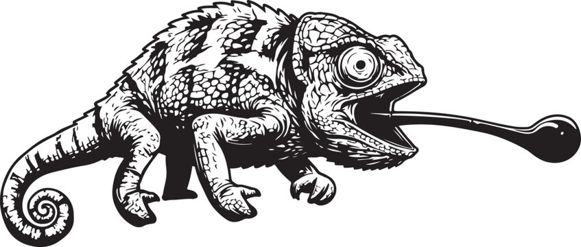 Illustrated Chameleon Licking Tongue Detailed Black and White