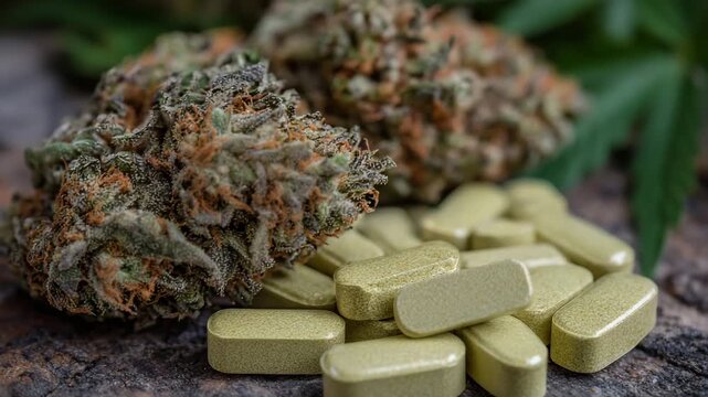 Macro shot of cannabis buds interlaced with green tablets, detailed focus on textures and surfaces, concept of synergy between natural plant medicine and conventional pharmaceutica
