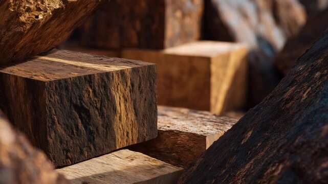 Macro shot of interlocked wood blocks, weathered and rough surfaces, subtle lighting highlighting natural patterns and abstract architectural design