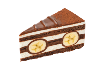 Delicious slice of layered chocolate banana cake . Isolated on transparent background, png