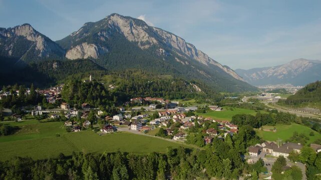 Aerial view around the village Tamins in Switzerland on a sunny day in summer