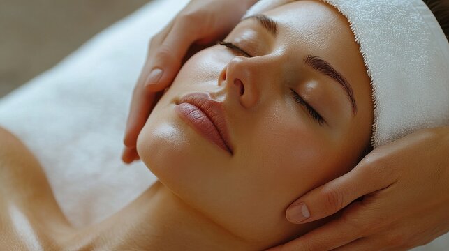 Woman receiving a facial massage at a spa with a towel on her head
