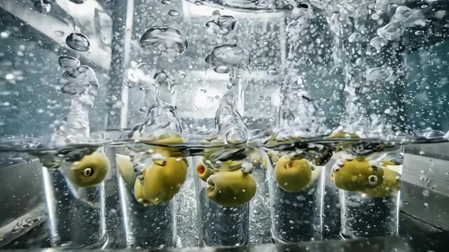 Medium shot capturing waterbased highpressure processing in action highlighting submerged food products undergoing nonthermal pasteurization for enhanced freshness retention.