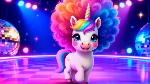 A cute unicorn with a rainbow mane and horn dances on a checkered disco floor, surrounded by vibrant lights and sparkling disco balls