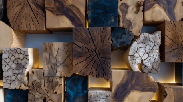 Macro view of a wall composed of stacked aged wood blocks, intricate cracks and knots visible, warm natural colors contrasting with modern interior lighting
