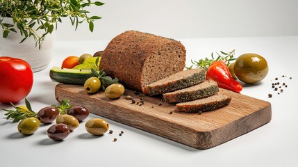Freshly baked multigrain bread loaf sliced on wooden cutting board surrounded by colorful vegetables and olives on a clean white background
