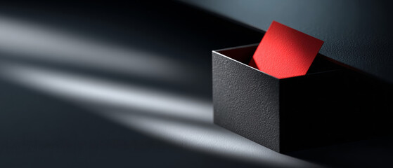 A black box with a red note sticking out of it on top of a dark surface