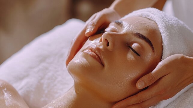 Woman receiving a relaxing facial massage at a spa with eyes closed