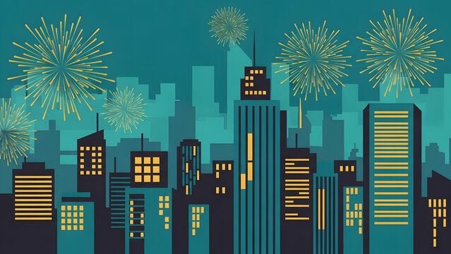 Fuegos artificiales sobre distrito financiero con rascacielos, ilustraci&oacute;n moderna para campa&ntilde;as corporativas de &eacute;xito, metas y logros