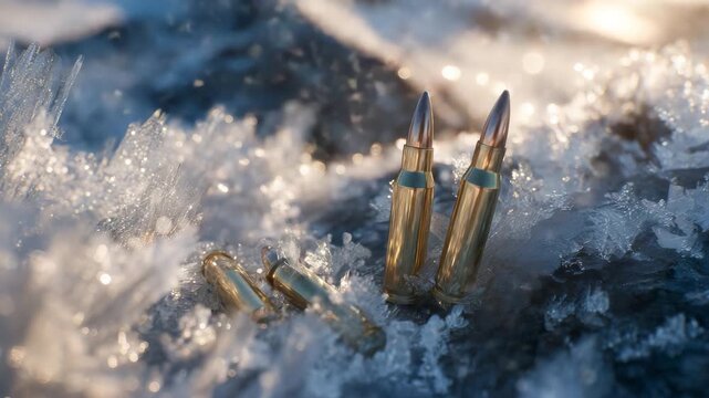 Macro view of empty brass bullet shells on frozen surface, ice crystals clinging to edges, sunlight glinting off metallic surfaces, conveying a cold, realistic scene