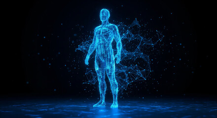 Futuristic digital human body standing in dark space, perfect for biotechnology concepts and medical science plans