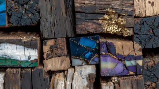 Macro view of stacked aged wood blocks, intricate textures, cracks, and color variations, abstract wall design in a modern interior setting