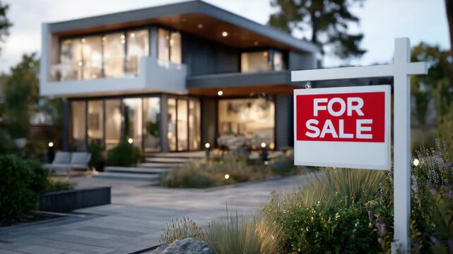 Modern newly listed property highlighted by a for sale sign, clean architectural lines, warm natural light, welcoming residential setting, visual promotion of housing availability