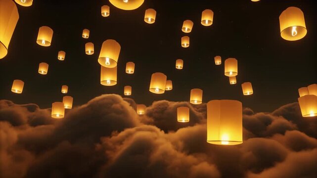 A mesmerizing night scene featuring numerous illuminated lanterns floating above fluffy clouds, creating a magical atmosphere.