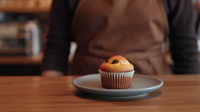 A freshly baked muffin on a plate placed in front of a barista