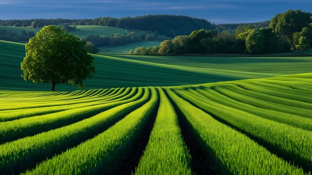 Natural landscape of early summer grain crops in the Lower Rhine area, uniform planting patterns and healthy green color, soft sunlight, Earth Day concept emphasizing renewable lan