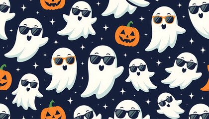 Cool Ghosts with Sunglasses Halloween Seamless Pattern Navy Blue