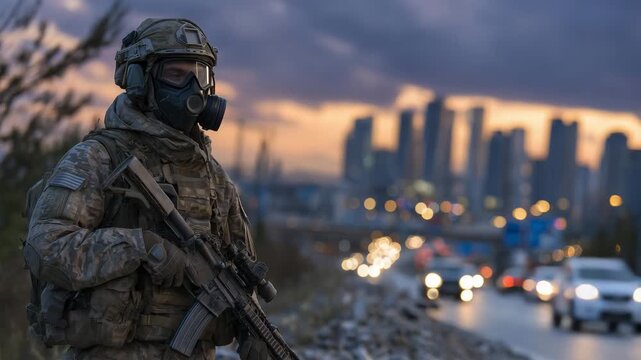 Silhouette of a figure in a gas mask and military-style camouflage, standing on a ruined highway at dusk, smoky sky and ruined skyline creating a tense post-apocalyptic mood