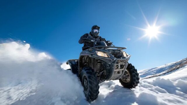 Side view of a man riding an ATV across a snowy ridge, snow flying dramatically from the wheels, sunlit winter landscape stretching endlessly, bold outdoor adventure mood