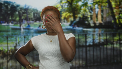 Woman covers face with hand while standing near railing in sunlit lush park by lake with boats; boredom.