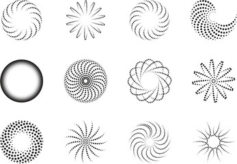 Twelve black dot patterns radial abstract shapes on white background circle