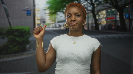 Woman pointing finger and showing thumb up in white sleeveless top on city street amid urban buildings; confidence.