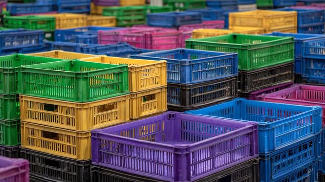Stacks of colorful plastic crates filled with medical supplies in a warehouse, organized rows under bright industrial lighting, shadows emphasizing depth and scale, ready for distr