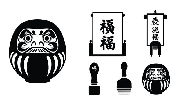 Black Silhouette Japanese Daruma Doll Scrolls and Stamps vector illustration