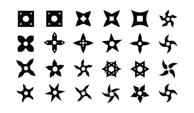 Black Silhouette Collection of Shuriken and Star Shapes on White Keywords: shuriken, ninja star, throwing star, weapon, martial arts, japan, silhouette, black, star, shape, geometric, design