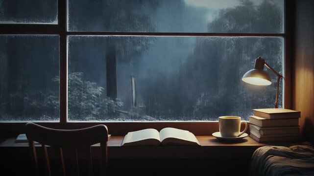 A cozy indoor scene featuring a desk with a book, a cup, and a lamp, with a rainy view outside the window.