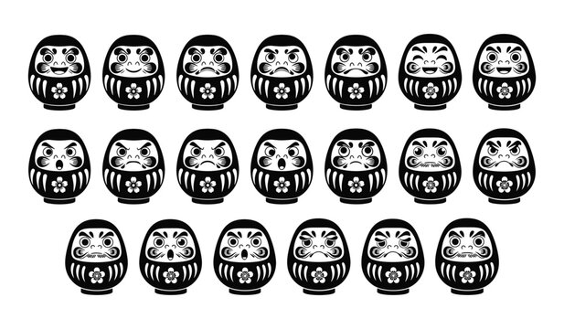 Collection of Black and White Daruma Dolls with Various Facial Expressions on White Background Keywords: daruma, doll, japan, japanese, tradition, culture, good luck, wish, goal, success