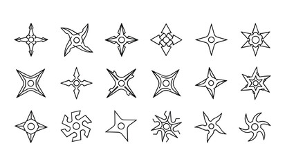 Collection of Black Outline Shuriken Star Weapon Icons on White Background Keywords: shuriken, ninja star, throwing star, weapon, martial arts, combat, ancient weapon, Japanese weapon, star, blade