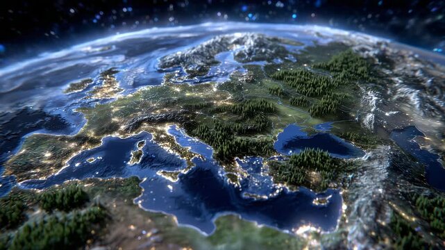 Vibrant and detailed 3D Earth showcasing Europe, textured green land surfaces with elevation, glowing atmosphere, colorful cosmic-style backdrop, modern, educational, and visually