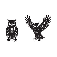 Obraz premium Black silhouette owls one standing one with wings spread white bird
