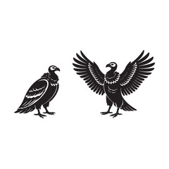 Obraz premium Black silhouette of two vultures one standing one with wings spread bird black and white