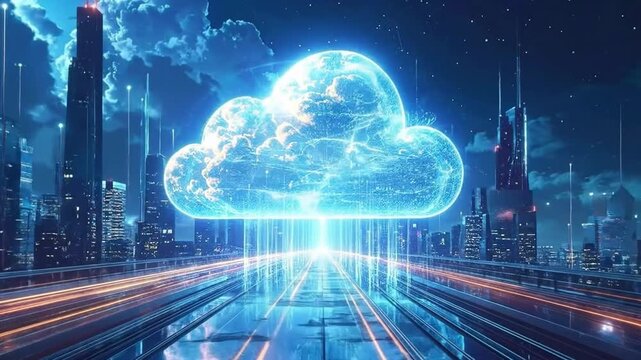 Cloud Computing Technology - Futuristic Cityscape with Digital Cloud.