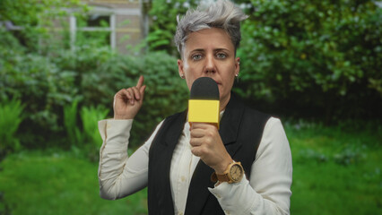 Woman holds microphone and closes eyes in park surrounded by lush greenery and brick building...