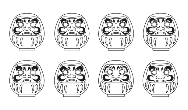 Eight Outline Illustrations of Japanese Daruma Dolls with Expressive Faces Japanese doll drawing