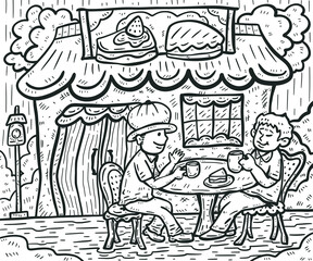 Friends hanging out at cafe doodle sketch illustration